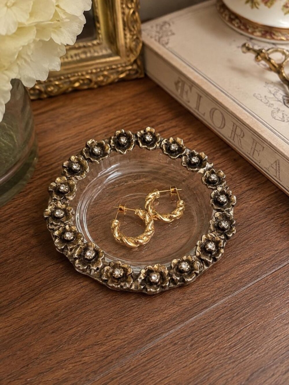 Vintage Glass Trinket Dish, Ornate Floral Metal Rim, Small Jewelry Ring Dish